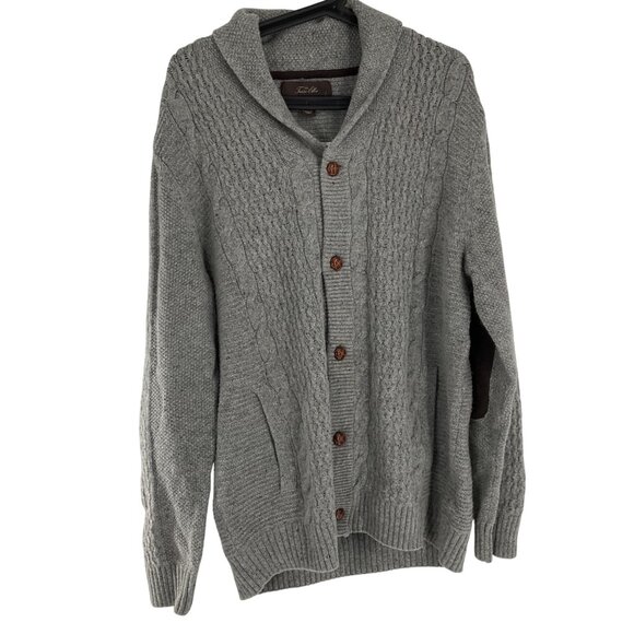 Tasso Elba Gray Lambswool blend Shawl collar Elbow Patches cardigan sweater  L - Picture 2 of 9
